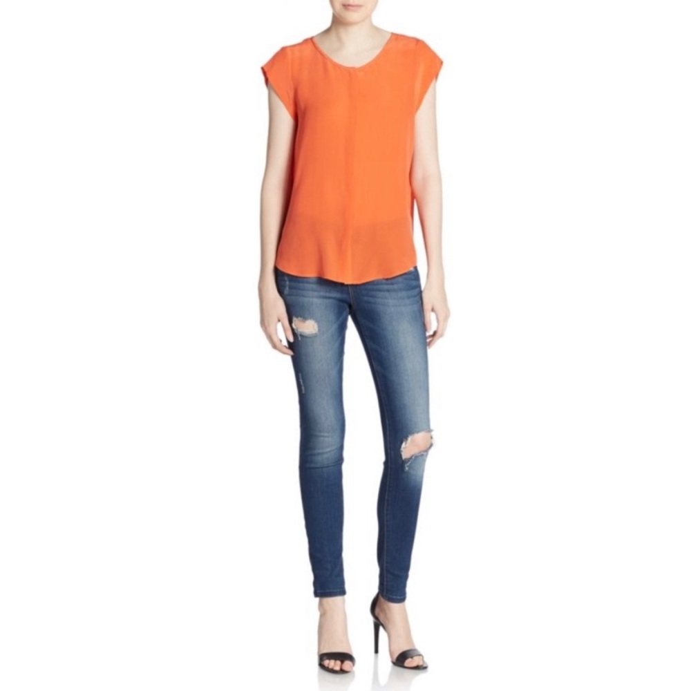 JOIE Iva Live Coral Orange 100% Silk Short Sleeve Blouse Size Large